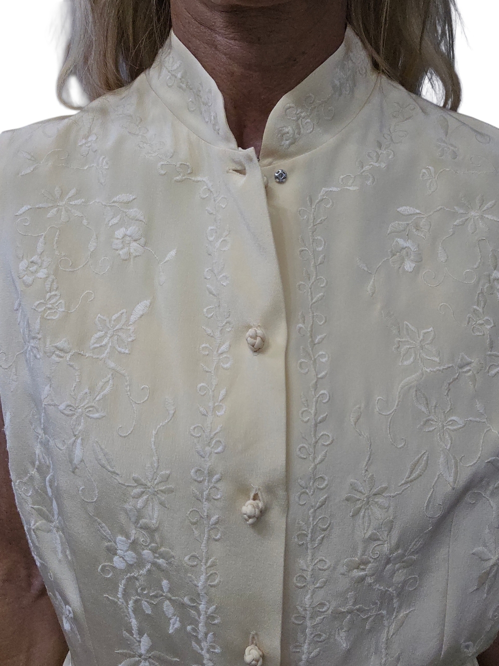 Vintage 90s Silk Embroidered Vest Pale Yellow Tailored Peplum Minimalist 10 - Picture 4 of 8